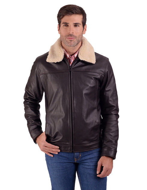 Chamarra de piel Perry Ellis para Caballero en color café con Cuello de Borrego.